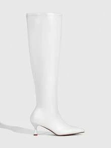CUCCOO SZL 女士秋冬新款白色时尚超高过膝靴，百搭尖头小猫跟优雅简约弹力过膝靴 - 白色 - 查看 7