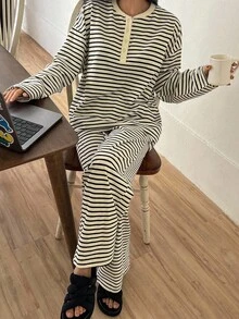 DAZY Striped Half-Button Loose Fit Top & Pants Loungewear Set, Cozy Outfits, Fall Winter Clothes Pajama - Beige - View 5