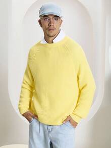 Claim Dot Men's Casual Solid Color Minimalist Crew Neck Long Sleeve Yellow Sweater, Fall Winter - Mustard Yellow - View 3