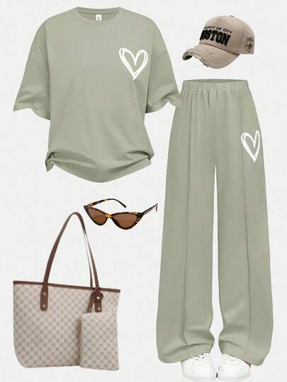 SHEIN Girlism Teen Girls 2 Pieces Casual Olive Green Knit Crew Neck Loose Raglan Sleeve Pleated Minimalist Print Outfit, Suitable For Everyday Wear, Streetwear, Sports, Back-To-School, Holiday Family Outdoor Spring Picnic