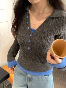 DAZY Women's Cable Knit Twist Colorblock Long Sleeve Sweater, Korean Style, Autumn/Winter