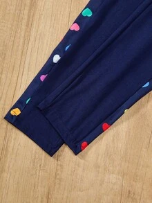 Set de 2 piezas de sudadera con cuello redondo y mangas raglán con estampado de corazón y leggings para niñas preadolescentes, otoño - Azul Marino - Ver 7