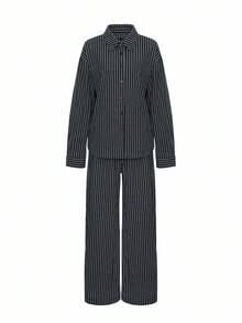 Livesso Bộ 2 món áo len cardigan kẻ sọc công sở rộng rãi, thoải mái cho nữ và quần ống rộng, phù hợp cho mùa thu đông - màu đen - Xem 7