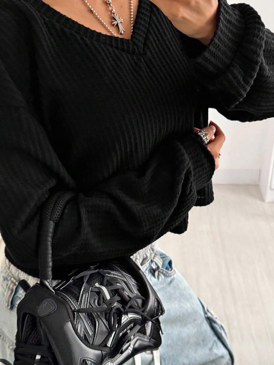 StreetHx 女士純色下垂肩休閒t卹 - 黑色 - 查看 1