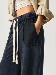 Bohemela 女士休闲纯色针织宽松阔腿水洗裤 - 黑色 - 查看 7