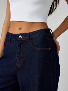MISSGUIDED Quần jean ống đứng cạp cao màu tối bằng cotton dành cho nữ, có đường chỉ tương phản màu đỏ, chất liệu denim cổ điển, thu đông - Rửa tối - Xem 4