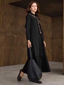 Hansera 1 件女士休闲长款二合一翻领衬衫裙 - 黑色 - 查看 4