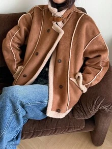 DAZY 女士落肩长袖双排扣保暖内衬常规款外套，冬季女式外套 - 駝色 - 查看 4