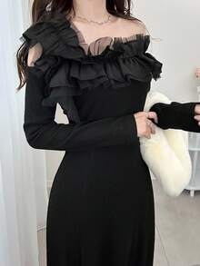 FRIFUL Đầm dài tay màu đen trơn dành cho nữ, kiểu dáng ôm sát, hở vai, xếp ly, bèo nhún, thích hợp cho mùa thu hè. - màu đen - Xem 1