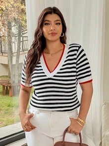 Vionelle 大码女式条纹撞色圆领短袖休闲时尚针织上衣 - 彩色 - 查看 5