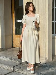 SHEIN Elegant Pink Dress For Teen Girls, Square Neck Bow Decor Ruffle Puff Sleeve, Ruffle Waist Dress - Apricot - View 4