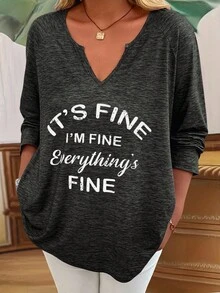 Kaos Kasual Wanita Ukuran Besar Musim Semi & Gugur Leher V dengan Slogan dan Lengan Raglan, Atasan Wanita - Hitam - View 1