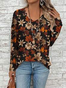 EMERY ROSE Plus Size Women Vintage Maple Leaf Print V-Neck Long Sleeve Loose T-Shirt, Fall And Winter - Multicolor - View 1