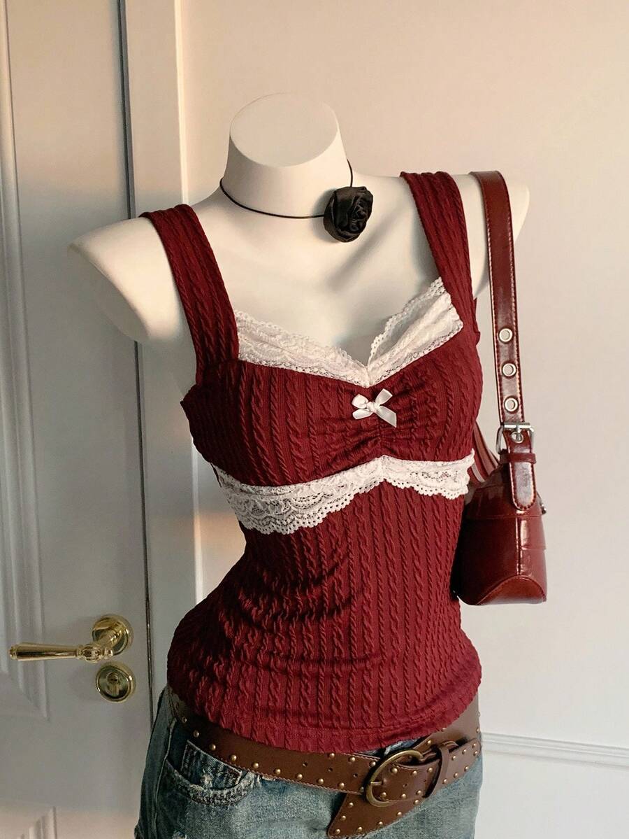 Comfortcana Women's Colorblock Lace Patchwork Bow Decor Fitted Camisole Wine Red Top Burgundy Top Red And White Top, Christmas
