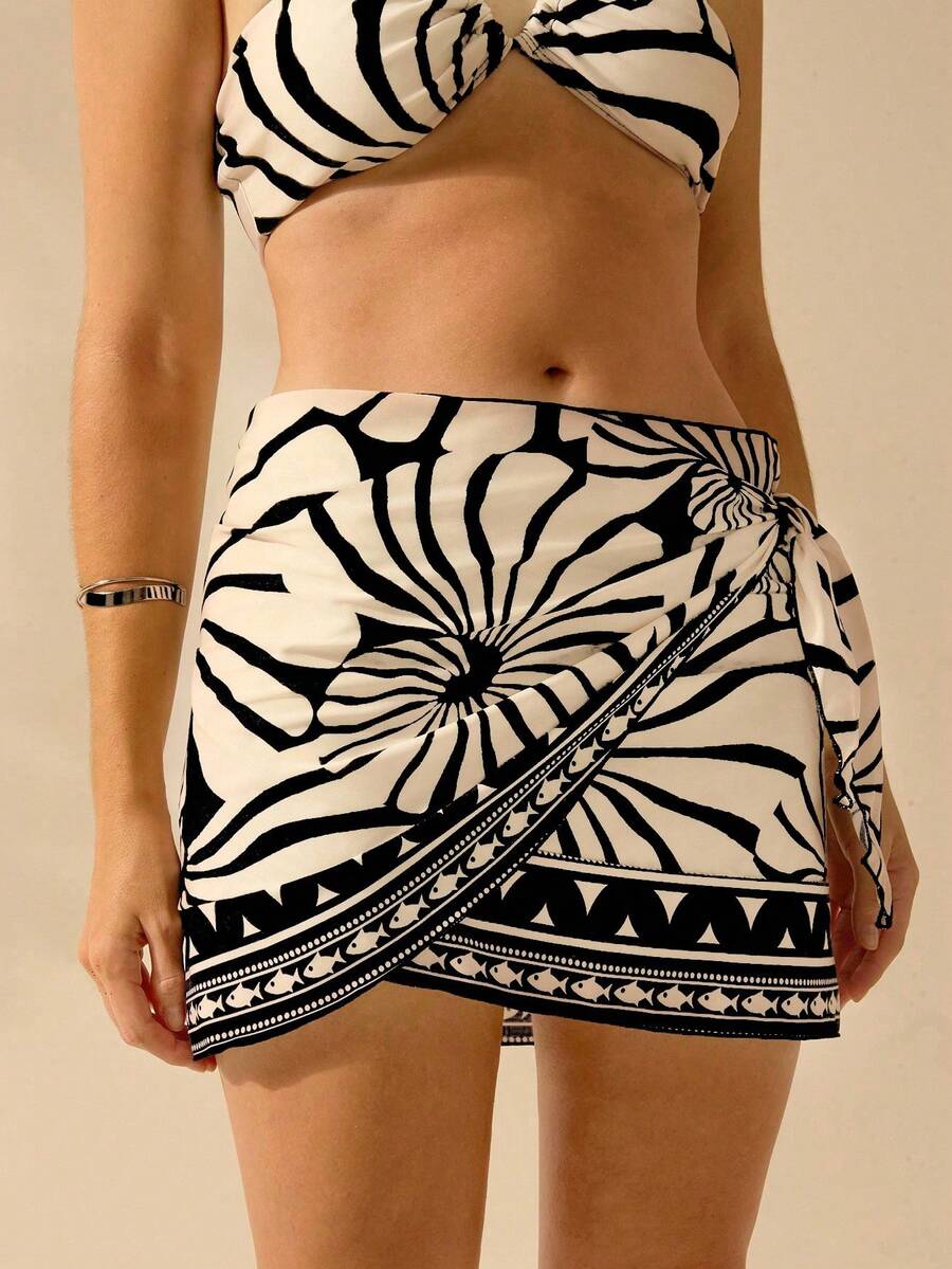 CAJUNI Women's Boho Shell Print Holiday Casual Summer Beach Swimming Wrap Short Swimsuit Skirt Smock, Sarong