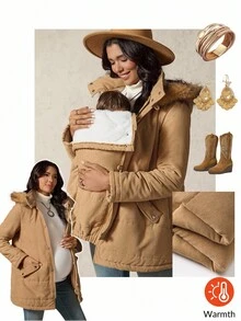 SHEIN Maternity 3-In-1 Solid Color Warm Long Sleeve Hooded Jacket Thanksgiving Fall - Brown - View 1