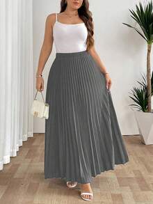 SHEIN Tall 优雅休闲度假女式宽松百褶裙，松紧腰，黑色，加大码 - 灰色 - 查看 5
