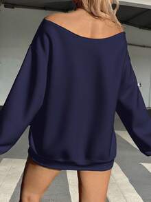 SHEIN EZwear Women's Navy Blue Off-Shoulder Loose Casual Oversized Long Sleeve Sweatshirt, Suitable For Autumn/Winter,Fall