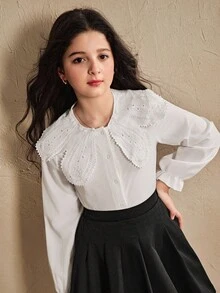 SHEIN 女孩优雅刺绣花领长袖开襟单排扣休闲公主衬衫，适合上学、度假、旅行、生日派对、春秋季 - 白色 - 查看 6