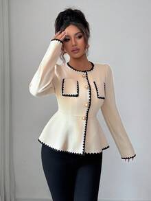 Elenzga 女式长袖粗花呢圆领收腰A字型优雅通勤百搭衬衫 - 杏色 - 查看 3