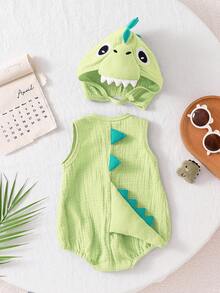 SHEIN 2pcs Baby Boys' Summer Green Cotton Soft Crepe Dinosaur Romper And Dinosaur Hat Set, Cute Style - Green - View 3