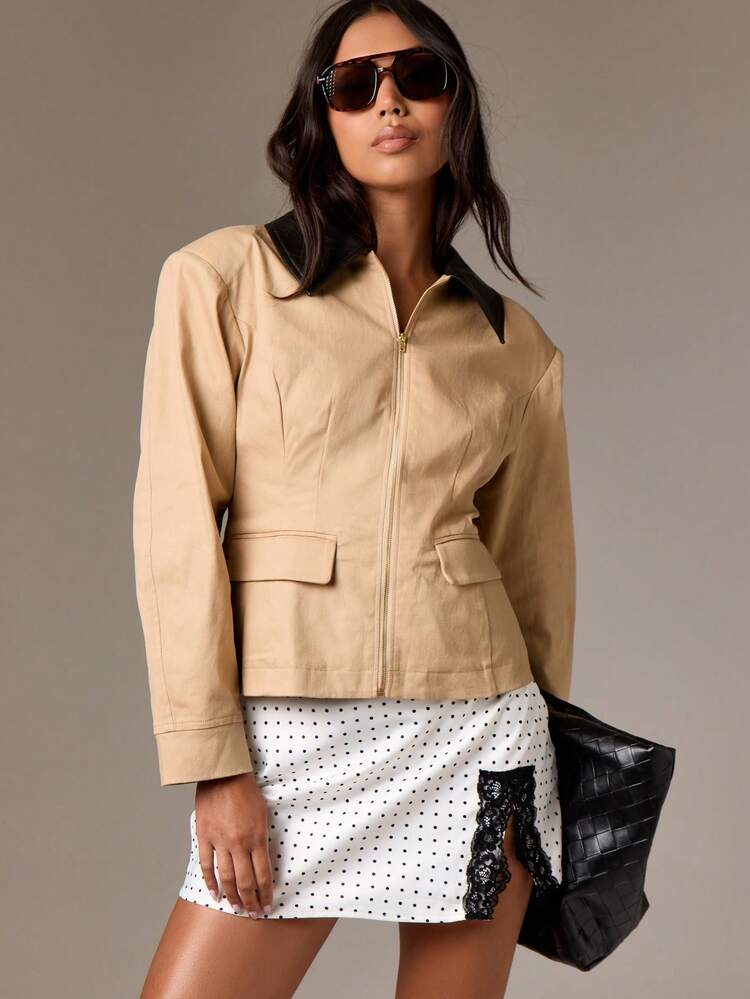 Cotton Utility Jacket With Contrast Collar And Pockets