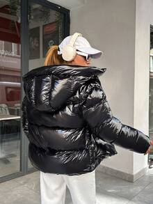 SHEIN PETITE Shinny Hooded Zipper Detailed Quilted Women's Puffer Down Coat - Black - View 2