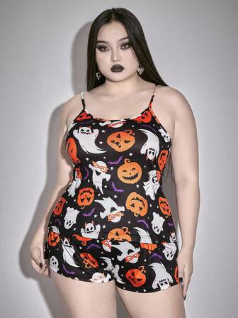 Ensemble pyjama grande taille avec débardeur et short imprimé citrouille gothique, fantôme, chauve-souris et étoile