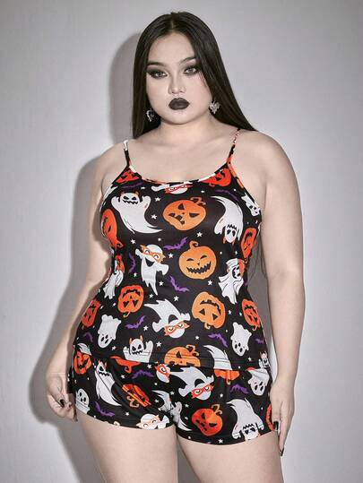Goth Ensemble pyjama grande taille avec débardeur et short imprimé citrouille gothique, fantôme, chauve-souris et étoile