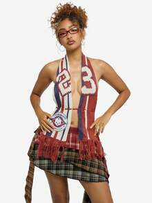 SUMWON WOMEN Knitted Football Scarf Halter Neck Top With Fringe Detail Team Spirit Crop Tank - Multicolor - View 3