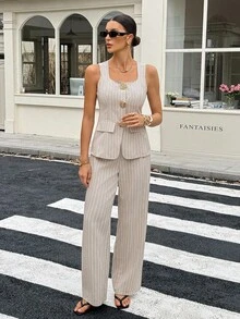 SHEIN Tall 女式条纹无袖上衣和裤子两件套，高品质金属扣设计，秋季 - 米色 - 查看 4