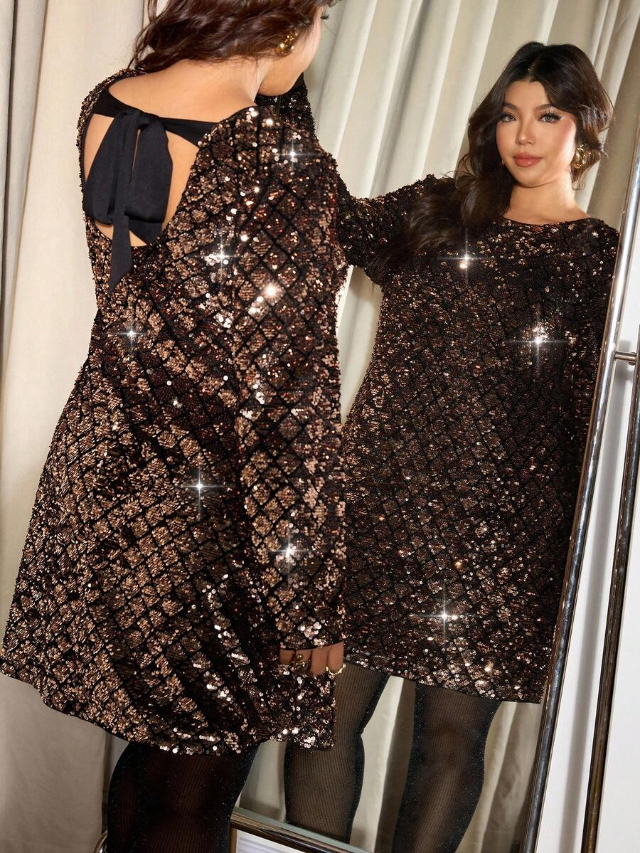 Elaquor 大码优雅浪漫串珠露背系带连衣裙，派对季节 - 咖啡棕 - 查看 1