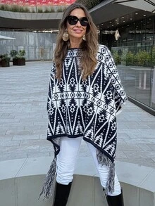Vivie Lora Poncho de Suéter com Franjas e Estampa Geométrica Feminino, Outono/Inverno - Azul Marinho - Visão 2