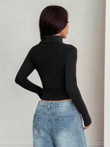 SHEIN PETITE Áo thun nhung ấm áp cổ đứng dành cho nữ - màu đen - Xem 2
