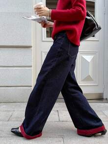 K-Vae Women's Autumn And Winter Dark Blue Contrasting Edge Daily Jeans, Loose Casual Jeans, Winter Fashion Items,Alloween Costumes,Chic Autumn