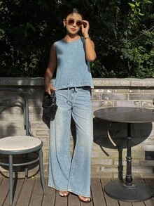 DAZY Solid Tank Denim Top & Drawstring Waist Wide Leg Jeans - Light Wash - View 5