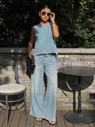 DAZY Áo ba lỗ denim trơn và quần jeans ống rộng cạp rút