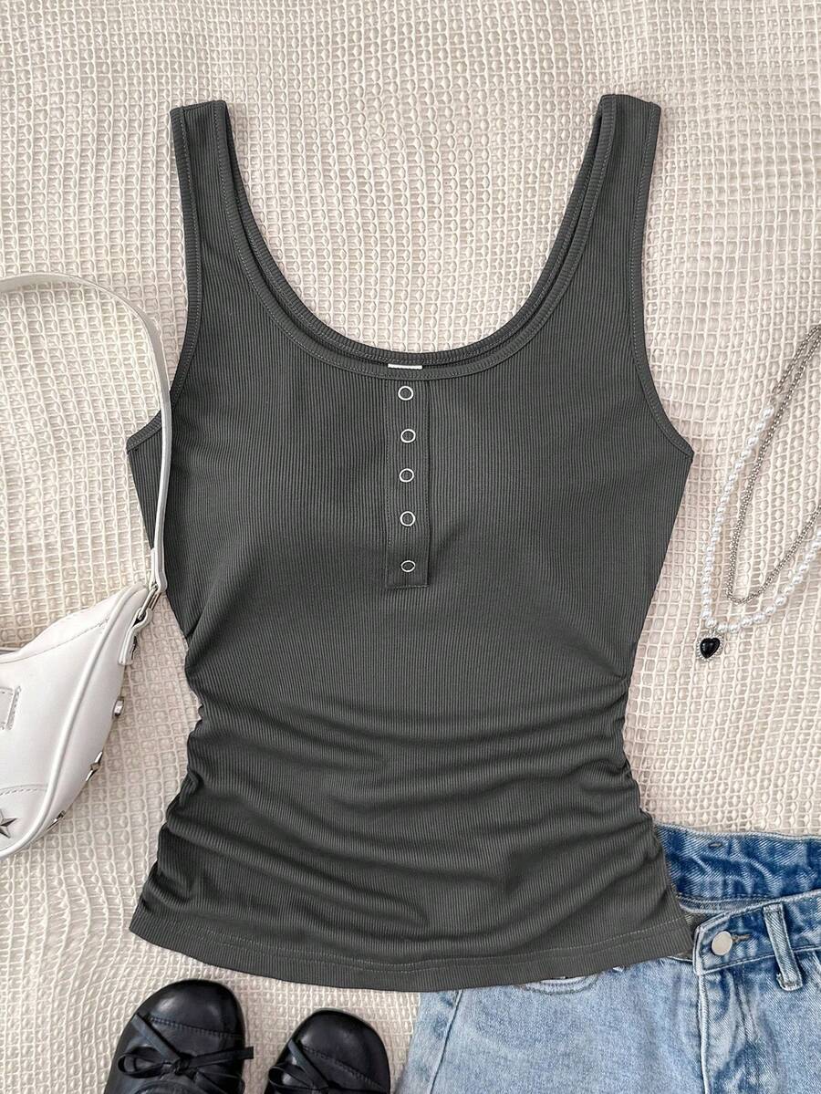 SHEIN 少女基本款白色圆点罗纹白色休闲百搭背心，金属纽扣，工字背心 - 深灰色 - 查看 1