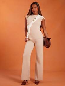 NYA SZN Conjunto Feminino (Top e Calça) Top de Manga Curta Ajustada, Calça Cintura Alta Ajustada em Malha Canelada, Roupas Casuais do Dia a Dia, Aeroporto, Férias, Loungewear para Mulheres - Damasco - Visão 7
