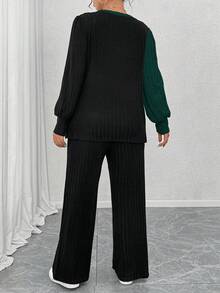 EMERY ROSE Plus Size Black Autumn Curve Smart Casual Loungewear 2 Pieces Set,Soft Knit Ribbed Crew Neck Long Sleeve Asymmetrical Patchwork Top&Straight Leg Pants - Multicolor - View 2