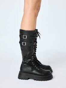 ROMWE Goth Women's Knee-High Boots Fashionable Lace-Up Thick-Soled Chunky Heel Women's Boots For Christmas