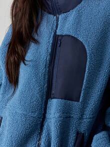 MISSGUIDED Women Oversized Teddy Jacket Winter Sherpa Fleece Coat With Navy Contrast Panel Half Zip Stand Collar Cozy Warm Outerwear Fall Fashion