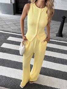 SHEIN LUNE 2pcs Women Set Lemon Yellow Solid Color Sleeveless Top & Pocketed Long Pants