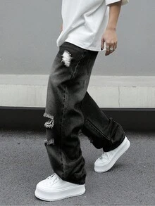 Manfinity EMRG 男士休闲做旧宽松斜口袋牛仔裤，秋季