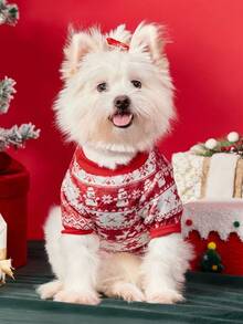 PETSIN 1 Pet Christmas Cat Dog Universal Red Geometric Snowflake Reindeer Snowman Fair Island Pattern Print Plush Warm And Comfortable Dog Christmas Hoodie