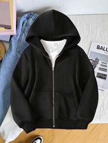 SHEIN Tween Girls Casual Hooded Cardigan Jacket, Autumn/Winter Fall - Black - View 6