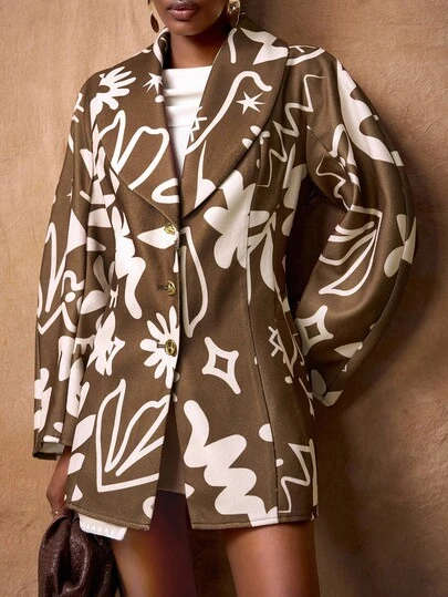 Zivah Bộ sưu tập Thu/Đông 2025 mới về, phù hợp cho tiệc sinh nhật, tiệc tùng, tiệc chiêu đãi, phong cách sinh viên, trang phục hàng ngày, cơ bản đa năng, thường ngày, du lịch biển, hợp thời trang, thời trang đường phố, thanh lịch, đi làm, công sở, tay dài cổ áo rộng, dáng chữ O, túi thật, vải len màu nâu in họa tiết, áo khoác len nữ.