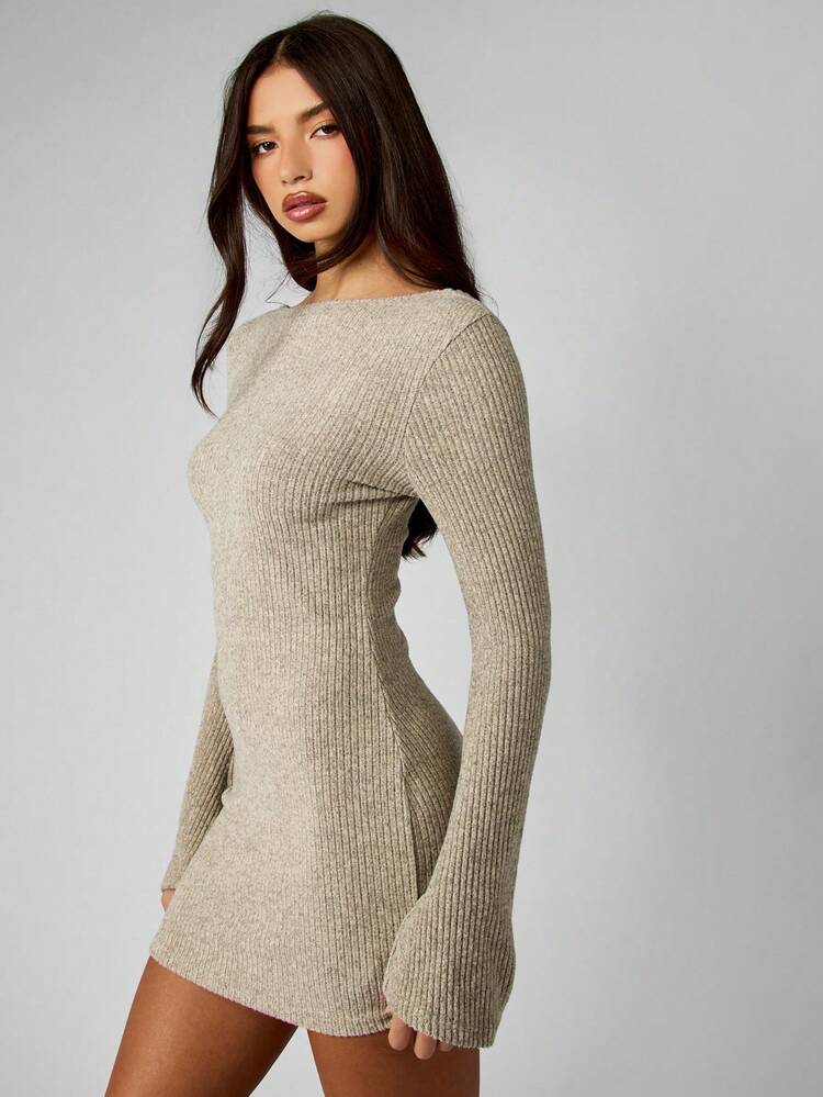 MISSGUIDED Fitted Ribbed Knit Bell Sleeve Mini Dress Winter Party Long Sleeve Sweater Dress Bodycon Club Night Out Scoop Back Stretch Lounge Wear