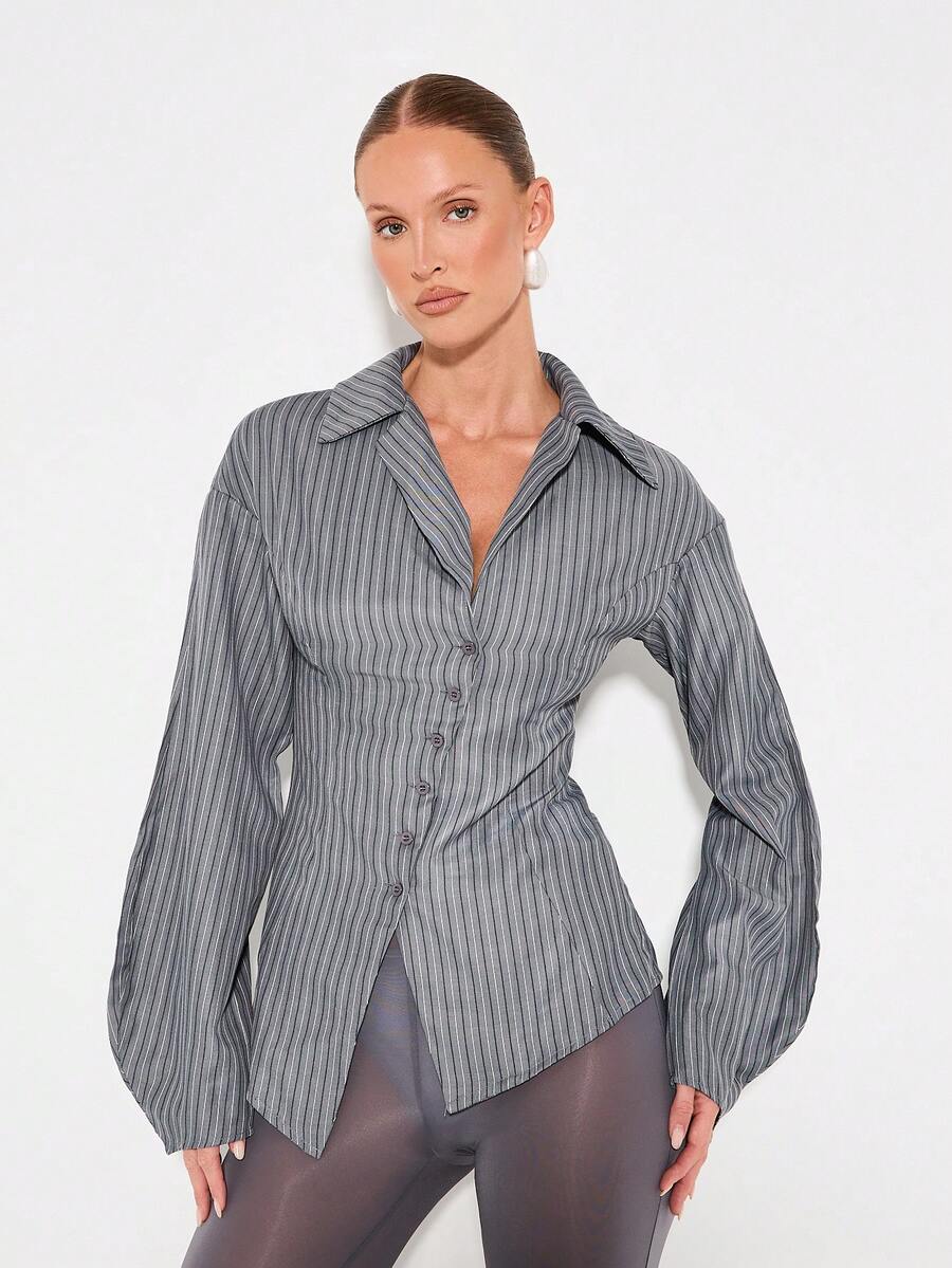 KIZN Professional Long Sleeve Button Down Pinstripe Shirt Dramatic Puff Sleeves Modern Stylish Office Career Workwear Asymmetric Business Collared Blouse - Grey - View 1