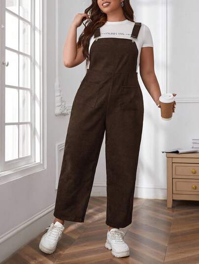 SHEIN Essnce Plus Size Women's Solid Color Dual Pocket Wide Leg Casual Jumpsuit